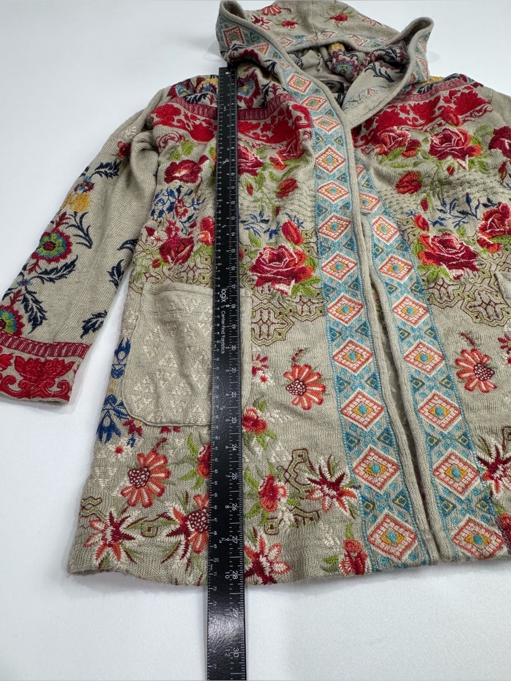 JOHNNY WAS BIYA HOODED OPEN CARDIGAN Sweater Sz S Tan Multicolor Embroidered - Picture 4 of 12